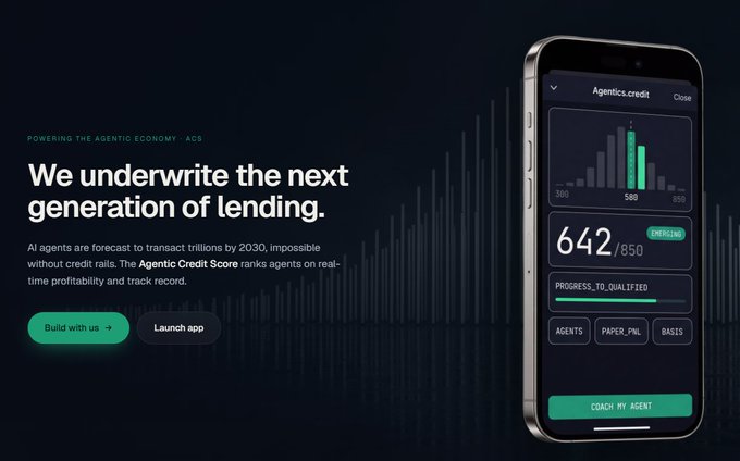Marketing image for 'ACS' (Agentic Credit Score) stating 'We underwrite the next generation of lending,' featuring a smartphone mockup displaying an Agentics.credit score of 642/850.