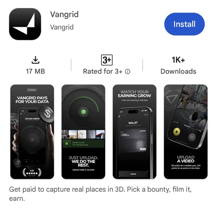 A Google Play Store listing for the app 'Vangrid' shows the install button, 1K+ downloads, 17 MB size, and screenshots advertising paid data uploads.