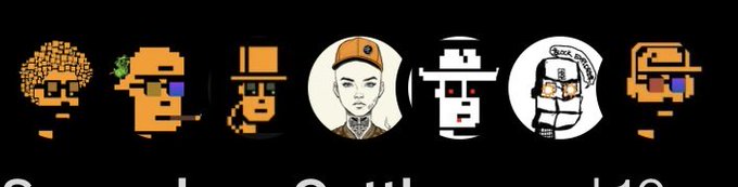 A row of pixel-art faces on a black background, with the central face featuring a portrait of a person with face tattoos.