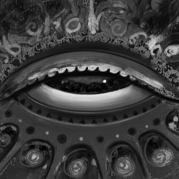 A dark, surreal black and white illustration shows a large eye with prominent teeth and intricate swirling patterns surrounding it.