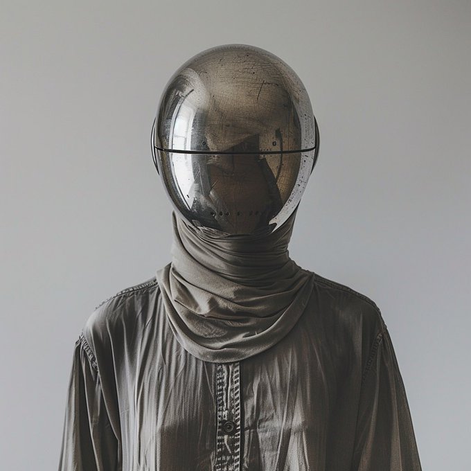 A photo-realistic image of a figure wearing a metallic, weathered full-face helmet resembling a fencing or astronaut mask, dressed in a grayish-brown shirt with a fabric scarf wrapped around the neck, set against a plain light gray background.