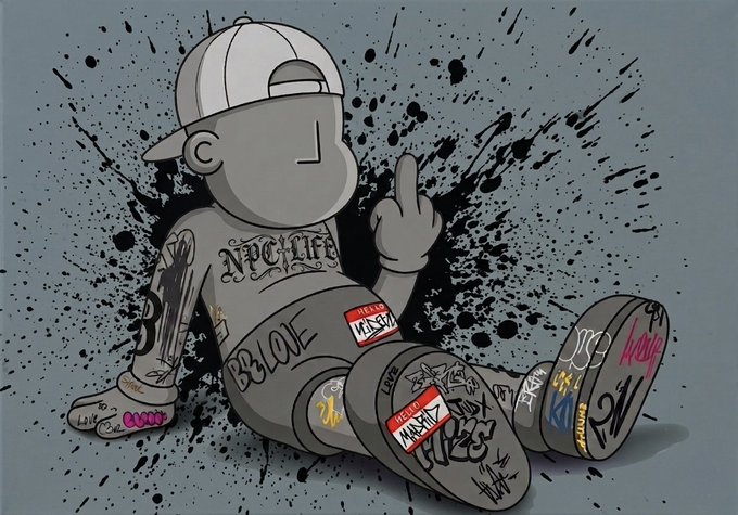A stylized graffiti cartoon illustration of a tattooed character wearing a cap and shoes covered in stickers, with one finger raised against a black splatter background.