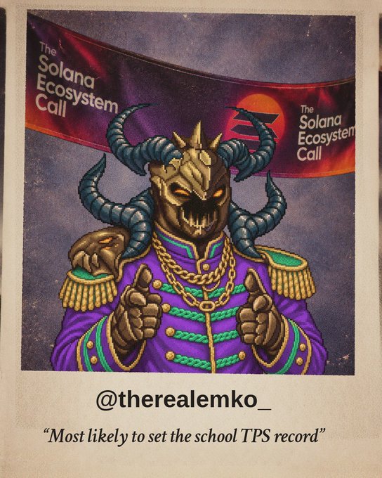 A fantasy illustration of a horned demon wearing a purple military jacket with gold epaulettes, credited to @therealemko_, captioned 'Most likely to set the school TPS record' and labeled 'The Solana Ecosystem Call'.
