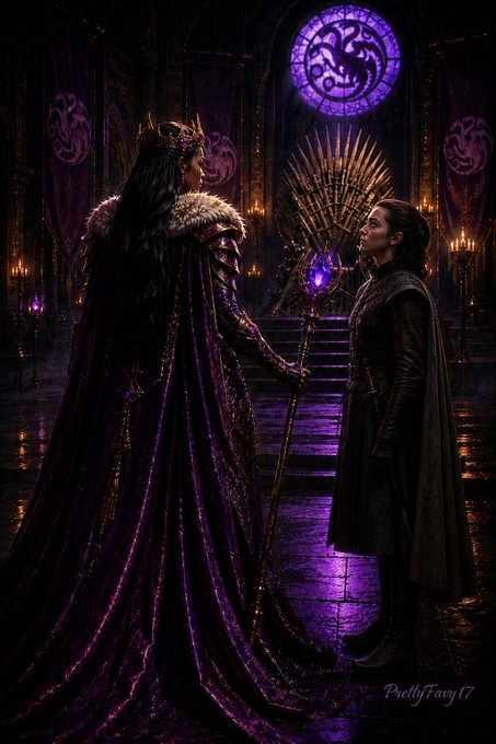 A digitally rendered fantasy scene shows a crowned woman in an elaborate purple cloak holding a glowing staff facing a young man in dark clothing, with a throne and banners in the background.