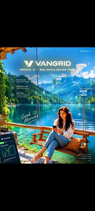 A promotional image for 'VANGRID - Physical AI, Real-World Ground Truth' showing a woman on a swing by a turquoise lake, featuring product features for real places, 3D mapping, and reality capture.