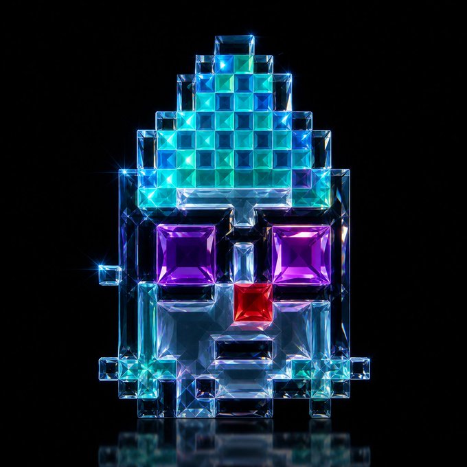 A 3D pixel-art style skull rendered in glowing blue, green, purple, and red translucent blocks against a black background.