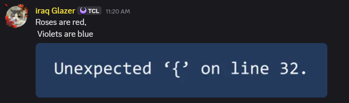 A chat message from 'iraq Glazer' containing the poem 'Roses are red, Violets are blue' followed by a humorous image displaying the PHP error message: 'Unexpected '{' on line 32.'