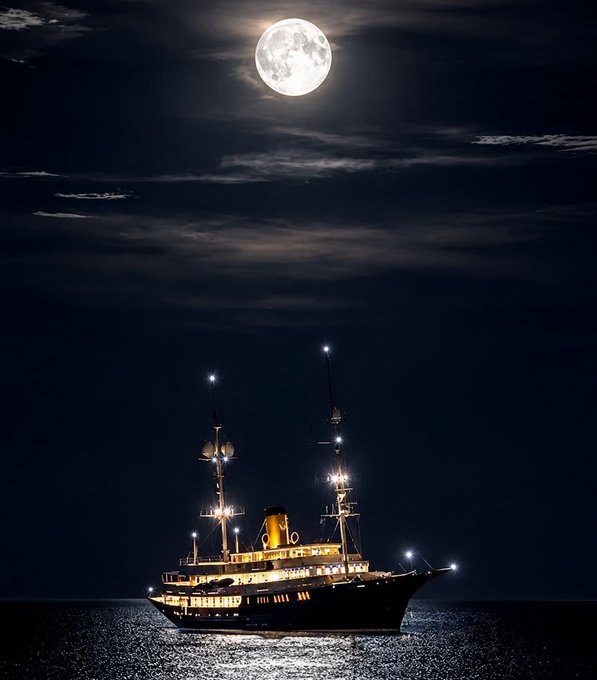 A nighttime photograph of an illuminated ship sailing on calm waters beneath a bright full moon and dark, cloudy sky.
