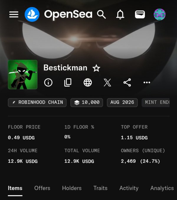 An OpenSea NFT page displays the collection 'Bestickman' with a floor price of 0.49 USDG, top offer of 1.15 USDG, and 2,469 unique owners.