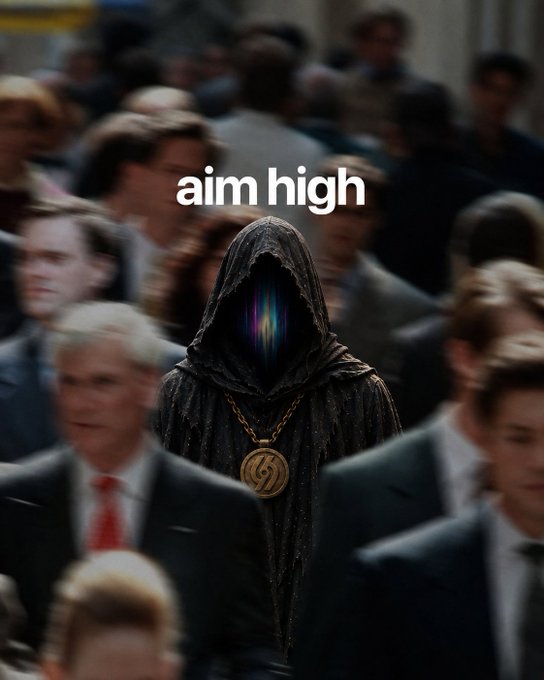 A digital composite image showing a hooded figure with a colorful, obscured face and a gold chain standing out from a blurred crowd of people in business attire, with the white text 'aim high' overlaid at the top.