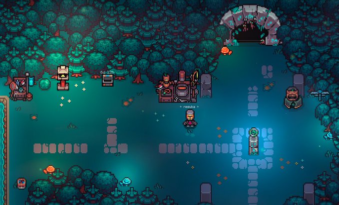 A pixel art game scene showing characters in a forest setting with stone paths, a cooking station, and a cave entrance.