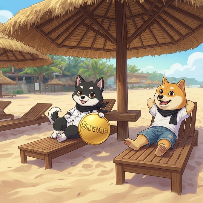 The image features two Shiba Inu dogs sitting under a straw umbrella at the beach. One dog has a gold coin in its mouth while the other dog is relaxing with its paws up, enjoying the sun. The background shows palm trees and a sandy beach, creating a tropical atmosphere for the scene.