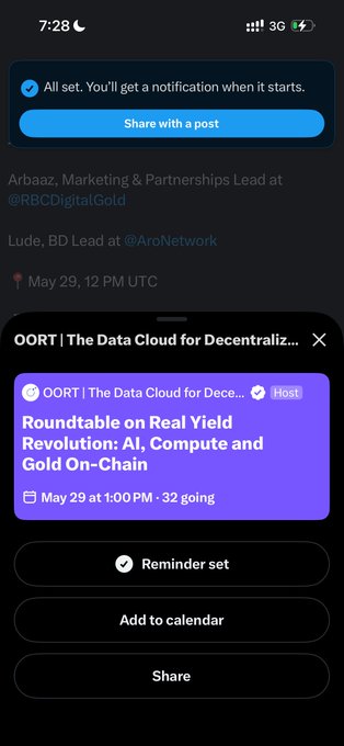 The image shows a phone screen with an app that displays a reminder set for the next day'sAMA, which is scheduled for May 29th at 12 PM. The app also provides information about a Data Cloud for Decentralization and Real Yields in Computer and Gold Chain.