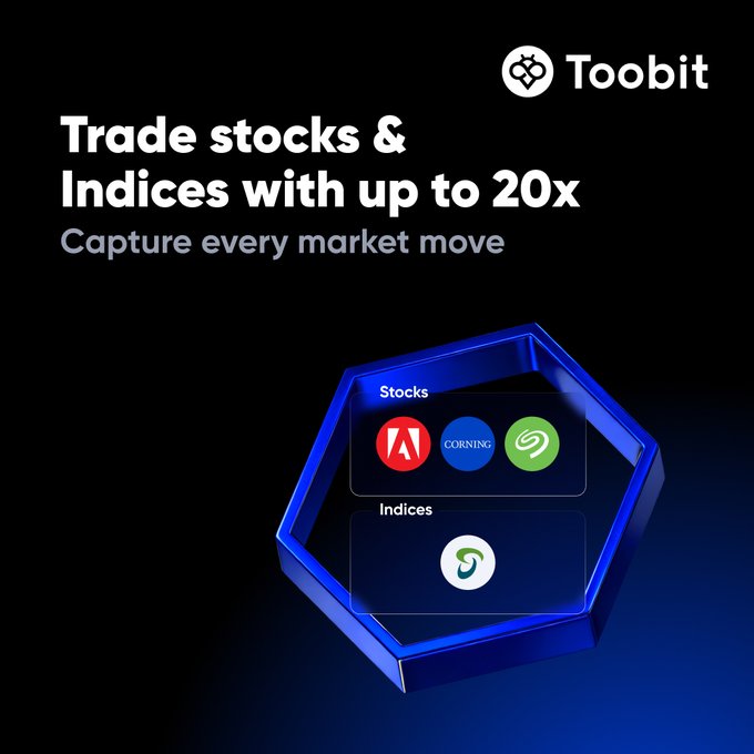 A blue hexagon-shaped image of a stock symbol with three circles representing different stocks, one red and two green, sitting against a black background that highlights the text above them as "Trade Stocks & Indices with up to 20x Capture every market move". The image appears to be related to a stock trading platform called Toobit.