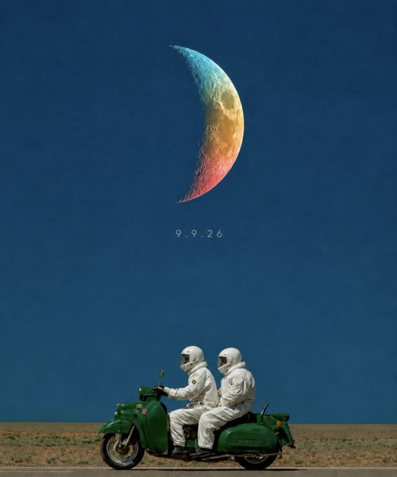 An artistic photo/illustration of two people in white spacesuits on a green motorcycle with a sidecar, riding against a dark blue sky featuring a crescent moon with rainbow colors and the date "9.9.26".