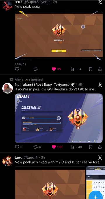 Three Twitter/X posts showcase players achieving the "Celestial" rank in Marvel Rivals, with @SuperSaiyAnts sharing "New peak ggez," @RestEasy_Toriyama lamenting "If you're in piss low GM deadass don't talk to me" alongside a "DEFEAT" screen showing "CELESTIAL III," and @Laru_Ji celebrating "New peak achieved with my C and D tier characters," all displaying the orange Celestial rank emblem.