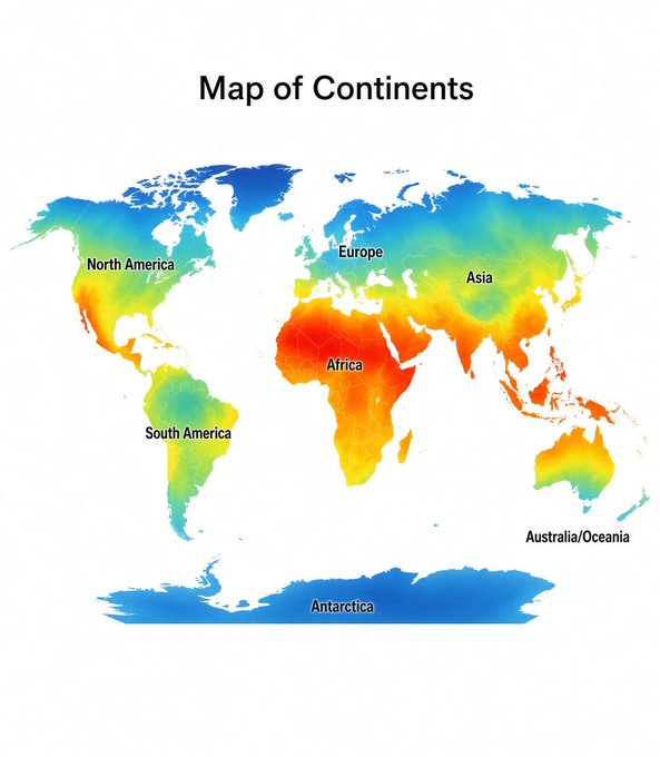 A 'Map of Continents' displaying the seven continents—North America, South America, Europe, Africa, Asia, Australia/Oceania, and Antarctica—color-coded with a gradient from cool blues to warm reds and yellows.