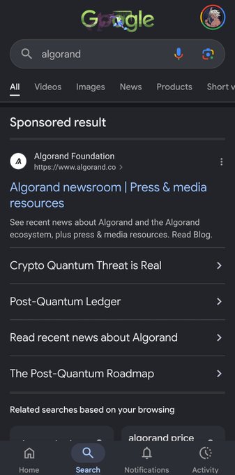 The image shows a cell phone screen with a search bar at the bottom of the page. The text displayed on the screen reads "Sponsored result Algorand Foundation (Algorithand Foundation)". This suggests that there might be an advertisement related to Algorithand or its foundation, possibly promoting newsroom resources or other Algorithand-related products and services.
