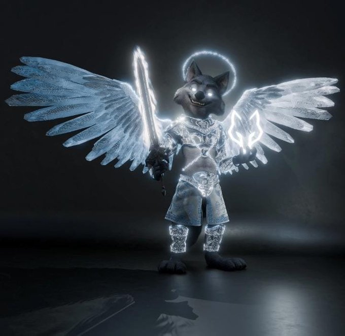 A 3D-rendered anthropomorphic wolf character dressed as an angel with glowing white wings, halo, and sword.