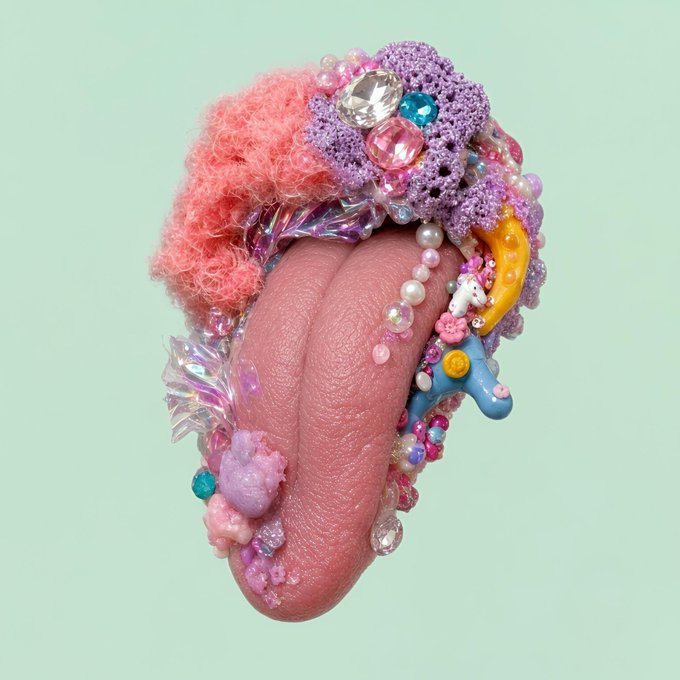 A surreal 3D rendering of a pink tongue decorated with colorful crystals, pearls, pink frosting, and candy-like sculptures against a mint green background.