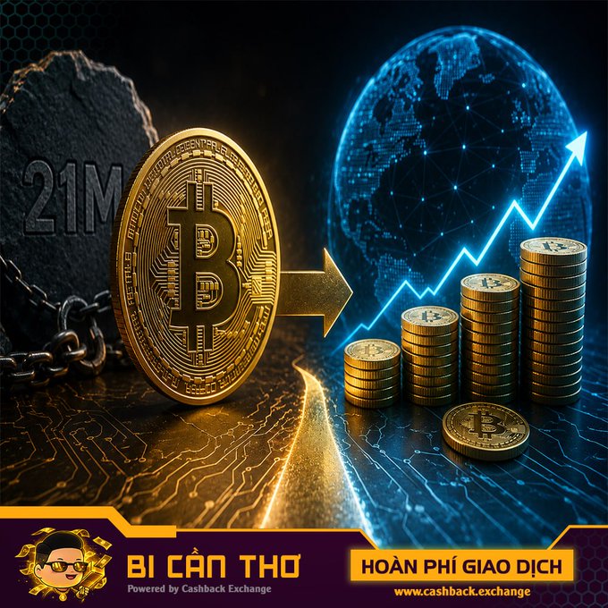 A promotional graphic for Bitcoin featuring a gold Bitcoin coin breaking free from chains, with stacks of coins, a globe, and an upward arrow, branded with 'BÍ CÂN THƠ Powered by Cashback Exchange' and 'HOÀN PHÍ GIAO DỊCH www.cashback.exchange'.