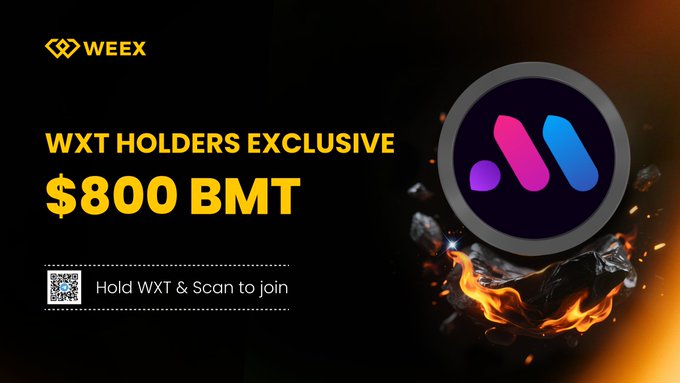 A promotional WEEX graphic reading "WXT Holders Exclusive $800 BMT - Hold WXT & Scan to join" featuring the WEEX logo and a BubbleMaps logo surrounded by flaming meteors, advertising an airdrop for WXT token holders who follow the specified steps to qualify.