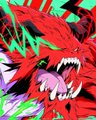 An abstract, painterly digital illustration dominated by bold red brushstrokes and green accents, featuring a collage-like composition with a face profile and a pink tongue visible at the bottom.