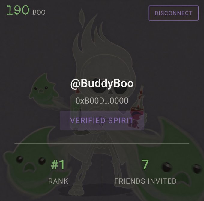 The image displays a profile screen for "@BuddyBoo" (wallet: 0xB00D...0000) with a "VERIFIED SPIRIT" badge, showing a rank of #1 and 7 friends invited alongside 190 BOO tokens. The screen features ghost character artwork in the background and aligns with the post promoting the Buddy Boo whitelist, where inviting friends earns BOO tokens and climbing the leaderboard offers NFT rewards.