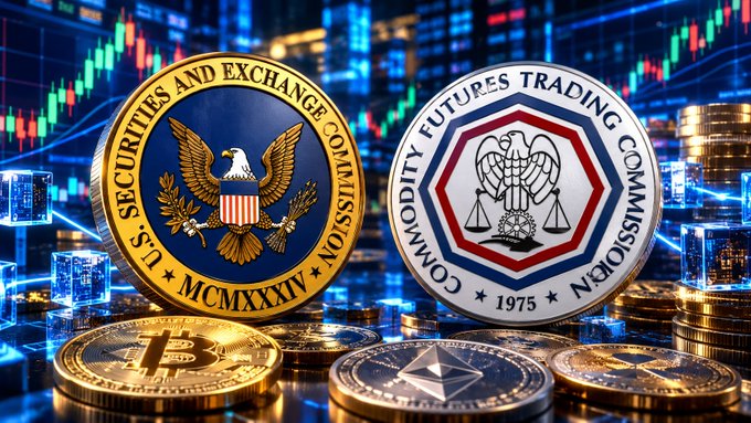 An image showing physical coins bearing the seals of the U.S. Securities and Exchange Commission (SEC) and the Commodity Futures Trading Commission (CFTC) alongside physical Bitcoin and Ethereum coins, set against a candlestick trading chart background.