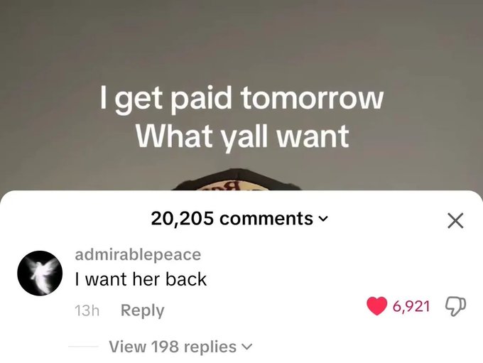 A screenshot of a social media post reads "I get paid tomorrow What yall want" with 20,205 comments, where the top reply by user "admirablepeace" simply states "I want her back," earning 6,921 likes—a viral, relatable joke about post-payday requests that contrasts humorously with the accompanying promotional post about Linn's Leverage and various crypto protocols.