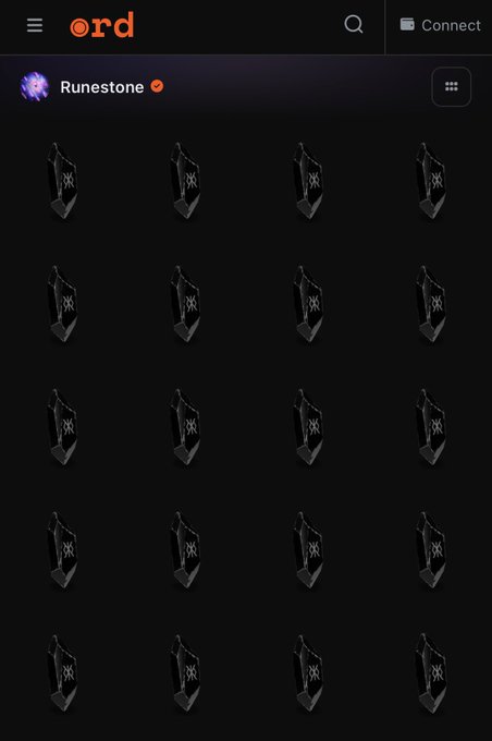 In the image, there's a black screen displaying an array of small images arranged in rows against a dark background. These images are likely related to the Runestone art form or possibly a collection of Runestone-related items. The caption above the image reads "The Runestone art view on @ord_net looks incredible". This suggests that the post is about the Runestone art, and it might be an interesting piece of content for followers who appreciate this particular art style.