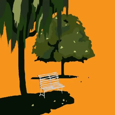 A digital painting of a white wooden bench on a grassy hill beneath large trees, set against a solid orange background.