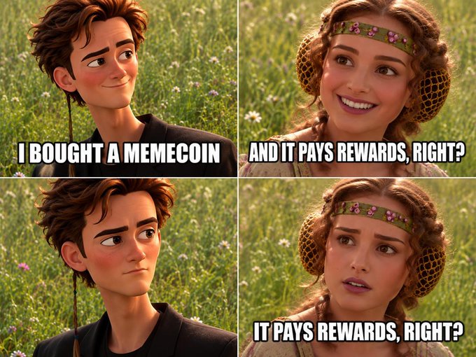 A four-panel meme using animated characters shows a man stating 'I BOUGHT A MEMECOIN' while a woman asks 'AND IT PAYS REWARDS, RIGHT?' and then 'IT PAYS REWARDS, RIGHT?' with growing concern.
