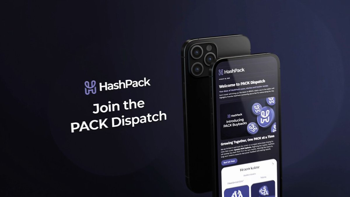 The image features two cell phones side by side with text that reads "join the PACK Dispatch" and "Welcome to HashPack". The phones are black, and they appear to be from a company called HashPack. The background of the image is dark blue, which contrasts with the white text on the phones. There's also some text in the bottom right corner of the image, but it doesn't seem to have any specific relation to the cell phones or the post.