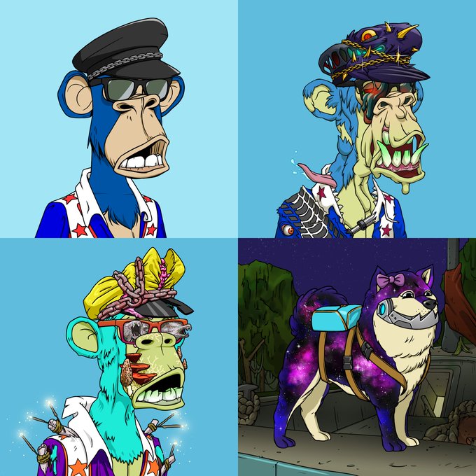 A four-panel image showing NFT-style cartoon characters: a blue bear in a military cap, a monstrous green and blue creature with a spiked hat, a green bear with an eye patch and crown, and a husky dog with a galaxy-patterned purple and pink coat.