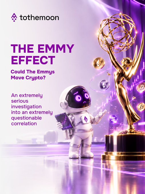 A promotional graphic featuring a golden Emmy statue and an astronaut figure with text reading "tothemoon", "THE EMMY EFFECT", and "Could The Emmys Move Crypto?".
