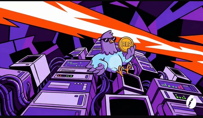 A cartoon illustration depicts a purple bird wearing sunglasses sitting among computer servers while holding a gold coin labeled 'RLP', set against a purple background with orange lightning bolts.