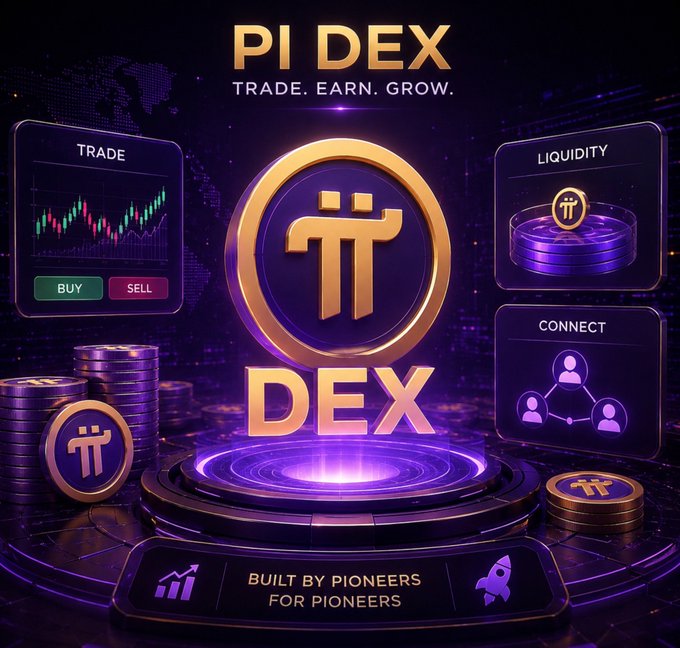 A futuristic promotional graphic for "Pi DEX" featuring a central gold Pi coin logo with "TRADE," "LIQUIDITY," and "CONNECT" panels alongside a chart and stacked coins, captioned "TRADE. EARN. GROW." and "BUILT BY PIONEERS FOR PIONEERS." The image visually reinforces the post's vision of Pi DEX as the hub connecting liquidity, tokens, users, and DeFi projects within the Pi ecosystem.