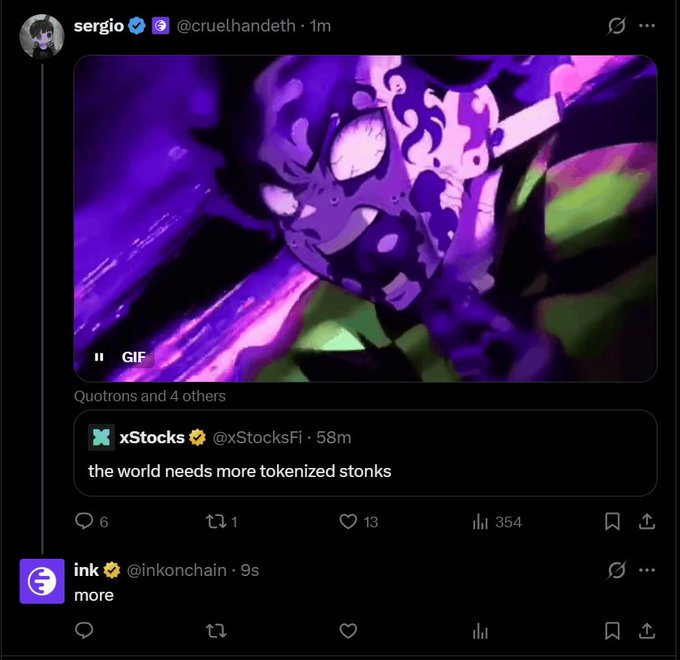 A social media post by sergio (@cruelhandeth) featuring a purple-toned anime character GIF, quoting an xStocks tweet about tokenized stonks.