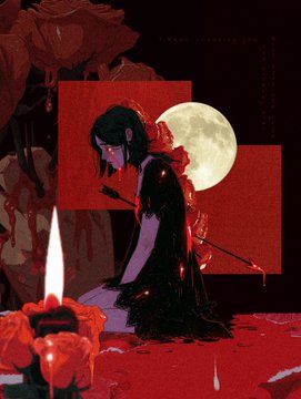 An anime-style illustration of a dark-haired woman in a red cloak standing before a full moon, with lit candles and red roses in the foreground.