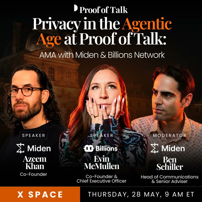 The image features three people sitting around a table with their heads together. The text "X SPAC" is visible at the bottom of the image, which could be an event name or a social media handle. The background shows a building, possibly a museum, and there are some words related to privacy and the agentic economy in the image as well.