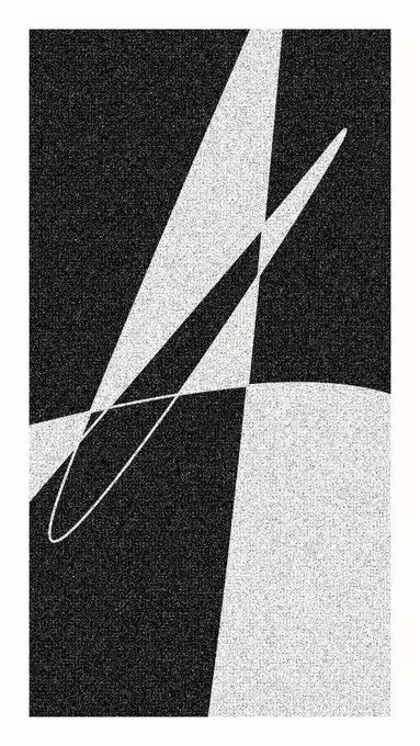 Black and white abstract art with geometric shapes and a thin loop line.