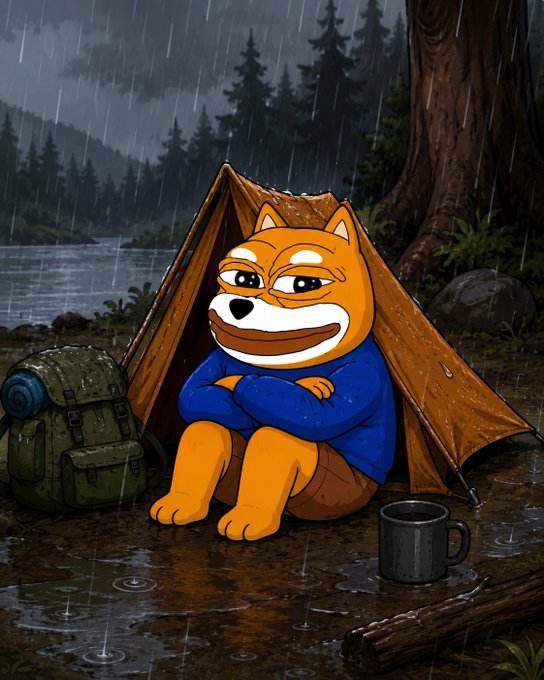 An illustration of a Shiba Inu dog wearing a blue shirt sitting in front of a tent in the rain, with a backpack and coffee mug nearby.