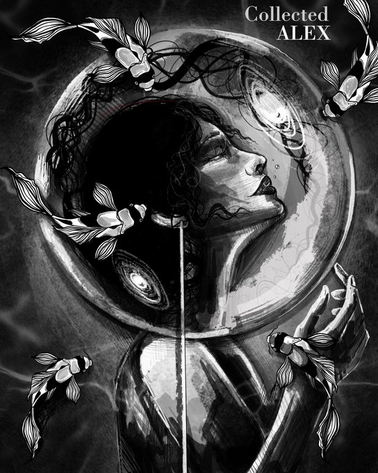 A monochromatic digital artwork titled 'Collected ALEX' shows a woman with her head tilted back inside a transparent sphere, surrounded by flowing koi fish and floral elements.