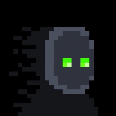 A pixel art image of a dark gray ghostly figure with bright green pixelated eyes on a black background, with darker pixelated shadows to the left.