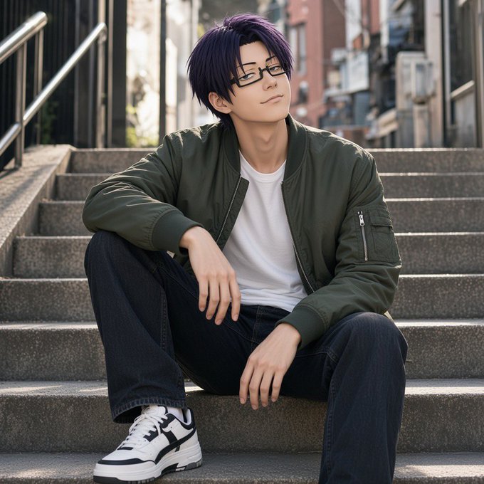 An anime-style illustration of a young man with purple hair and glasses, wearing a green bomber jacket over a white shirt and dark jeans, sitting on outdoor concrete stairs.