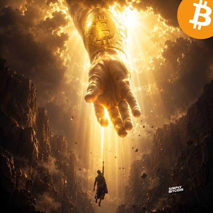 A dramatic digital artwork shows a small human figure reaching up toward a massive golden hand descending from clouds, with a Bitcoin symbol on the hand and a Bitcoin logo in the top right corner, watermarked 'SIMPLY BITCOIN'.