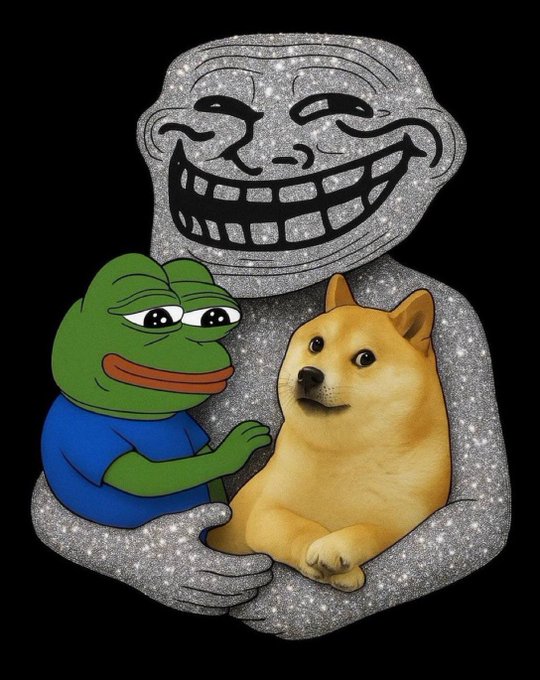 The image shows a glittery silver troll meme character holding both Pepe the Frog and a Shiba Inu (Doge), combining two iconic crypto/internet meme figures in a surreal embrace. The "What if? $Troll" caption ties into the troll imagery, suggesting the token embraces chaotic meme culture by uniting rival meme mascots Pepe and Doge under its troll figure.