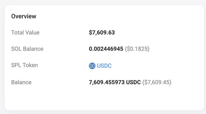 A Solana wallet overview showing a total value of $7,609.63, composed of 0.002446945 SOL ($0.1825) and 7,609.455973 USDC ($7,609.45). This relates to the post's mention of "$7,000 bucks," as the user appears to have roughly that amount in their crypto wallet—possibly tying into the Moonpay giveaway they're referencing.