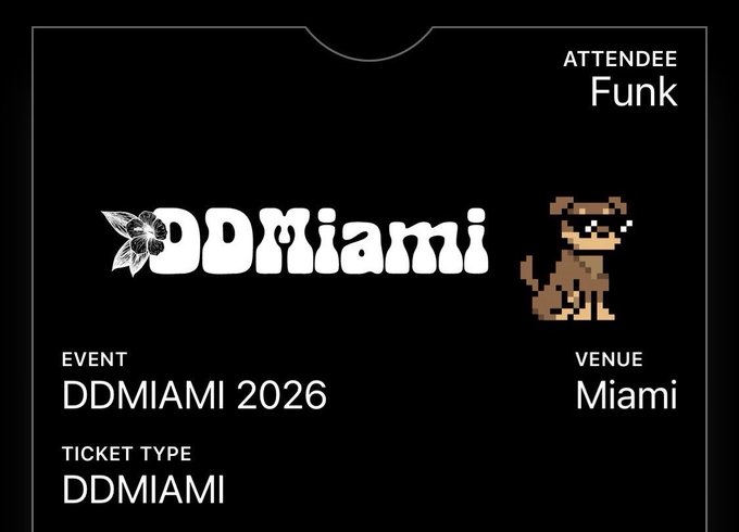 A black digital event ticket/badge for 'DDMIAMI 2026' in Miami, with attendee name 'Funk', featuring a pixelated dog illustration and butterfly logo.